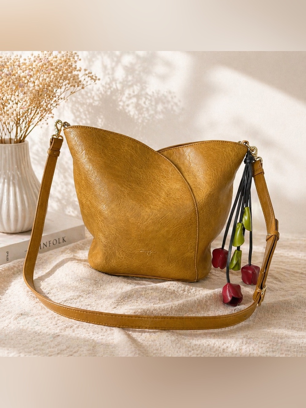 ESPE Viola Shoulder Bag With Flower Charm Mustard Yellow Vegan Leather